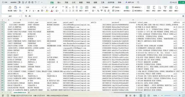 id 用户名 学生姓名 家长姓名 家长邮箱 手机号 密码 标准 学校名称 国家代码 城市 州 科目 学号 系列代码
