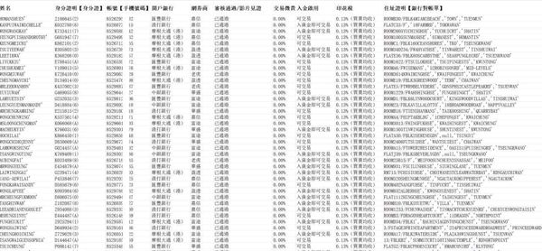 数据格式：姓名 身分證明【身分證】 帳號【手機號碼】 開戶銀行 網券商 審核通過/影片見證 交易徵費 入金啟用 印花稅 住址證明【銀行對帳單】