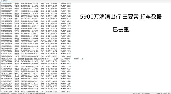 打车+共享单车+铁路出行数据，包含姓名、身份证号、手机号等要素，其他要素自己看图