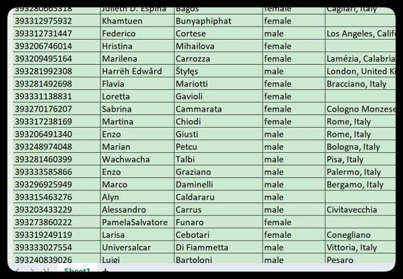 Italy-意大利男性女性样板数据-10000条 名字，电话，性别，地址