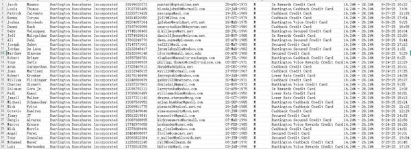 美国亨廷顿银行（Huntington Bancshares Incorporated）信用卡数据-73万，拍后自动发货，本次筛选为男性，带出生日，无重复，带年费利率，格式全部内容，独家数据，禁止倒卖！