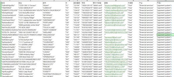 数据来源：https://www.visa.com/
格式：姓名,地址,城市,州,邮政编码,号码,银行卡类型,邮箱,卡信息,产业,产品