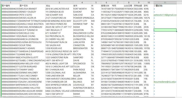 数据来源：https://www.ml.com/
格式：客户编号,客户名称, 地址,城市,州,疑是SSN,号码,出生日期,持有金额,获利,少量邮箱