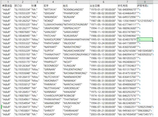 数据来源：https://www.thaiairways.com/
格式：乘客类型,预订ID,称谓,名字,姓氏,出生日期,手机号码,护照号码