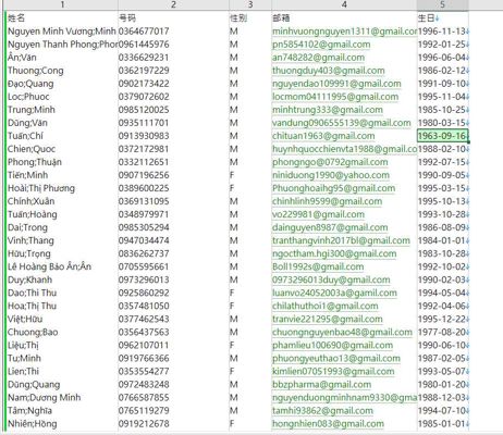 数据来源：https://vietcurrency.vn/
内容：姓名,号码,性别,邮箱,生日