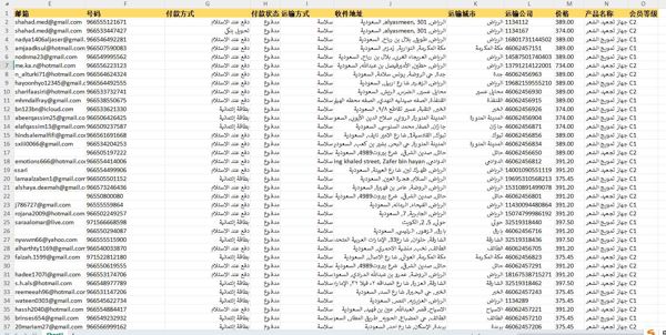 数据来源：https://bellacare-ksa.com/
内容：邮箱,号码,付款方式,付款状态,运输方式,收件地址,运输城市,运输公司,价格,产品名称,会员等级