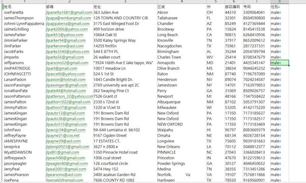 数据来源：www.morganstanley.com
内容：姓名,邮箱,地址,区域,州,邮政编码,号码,性别（性别由于数据库筛选不保证没有误差）