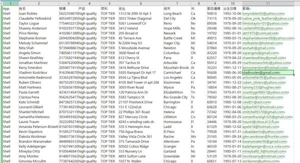 数据来源：shell.us
内容：App|姓名|號碼|产品|燃料|地址|城市|州|郵政編碼|出生日期|郵箱
