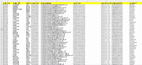 车牌号码 车辆厂牌 所有人 手机号码 住所详细地址 证件号码 初次登记日期 车辆识别代码 发动机号