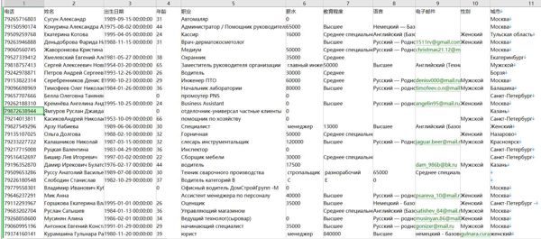 数据来源网站：https://ru.investing.com/
内容：电话,姓名,出生日期,年龄,职业,薪水,教育程度,语言,电子邮件,性别,城市