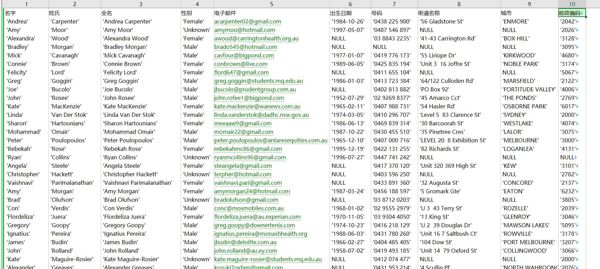 内容：名字、姓氏、全名、性别、电子邮件、出生日期、电话号码、街道名称、城市、邮政编码