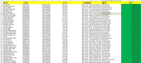 姓名,号码,生日,当前地址,城市, 资产