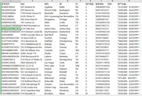 数据出自网站：https://www.zillow.com/
内容：名字姓氏,地址,城市,县,州,房产类型,联系号码,性别,房产价值