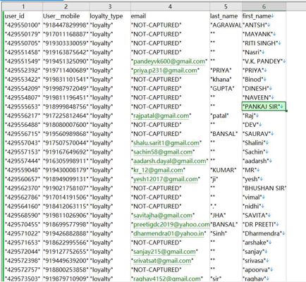 数据出自网站：https://www.benettongroup.com/
内容：用户 ID、用户手机、忠诚度类型、电子邮件、姓氏、名字