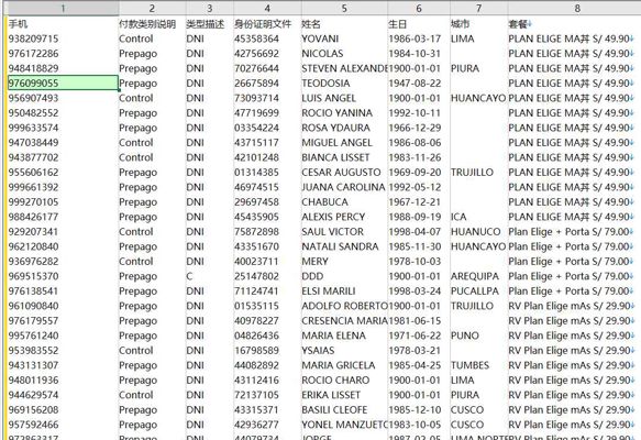 数据库网站：https://empresas.movistar.com.pe/
内容：手机,付款类别说明,类型描述,身份证明文件,姓名,生日,城市,套餐
