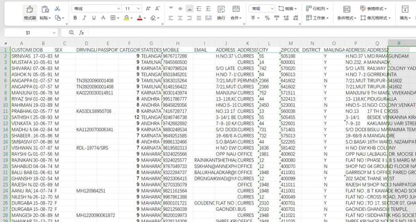 数据出自网站：https://www.licpensionfund.in/
内容：客户姓名 出生日期 性别 驾驶执照 护照号码 类别 ID STATEDESC 手机 电子邮件类型 城市 邮政编码 区 邮寄地址