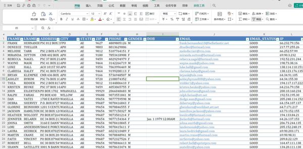 姓名 地址 城市 州 邮政编码 电话 性别 出生日期 电子邮件 EMAIL_STATUS IP