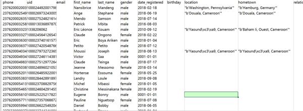 电话、uid、电子邮件、名字、姓氏、性别、注册日期、生日、位置、家乡、关系状态、去年受教育程度、工作、群组、页面、上次更新、创建时间