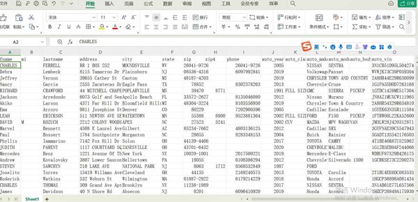 fastname、mi、lastname、地址、城市、州、zip、zip4、电话、汽车年份、汽车类别、汽车制造商、汽车型号、汽车车身、汽车 vin、